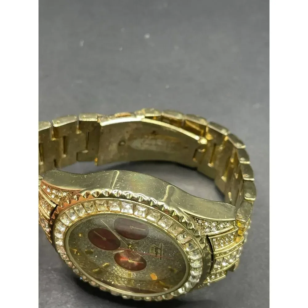 Techno Pave Mens Wristwatch Gold Tone Iced Out Rhinestone Red Dial Hip Hop Watch